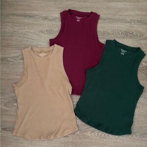 3 American Eagle Ribbed Tank Tops Sz Meduim GREEN TAN BURGUNDY Soft